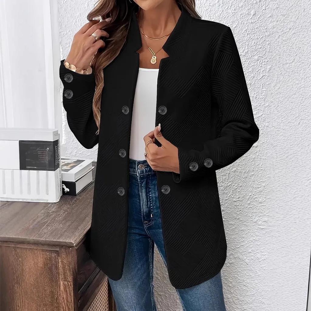 Spring Autumn Winter Fashion Plain Textured Double Breasted Cardigan Decorative Inner Pocket Long Sleeves