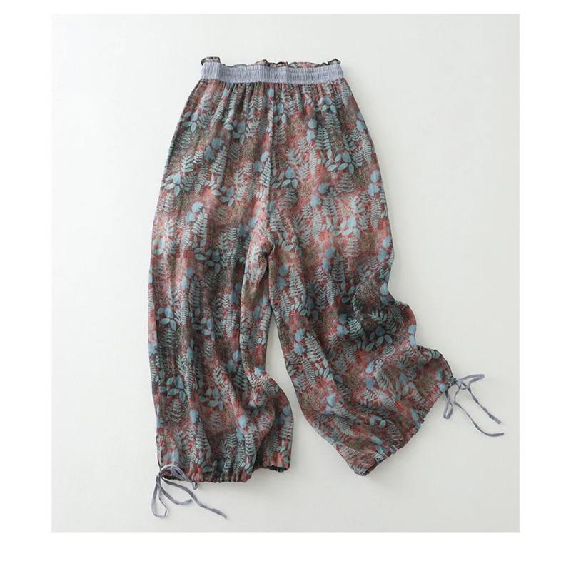 Vintage Floral Print Thin Ramie Pants Women Summer Elastic Waist Ankle Length Trousers Loose Wide Legs Pants