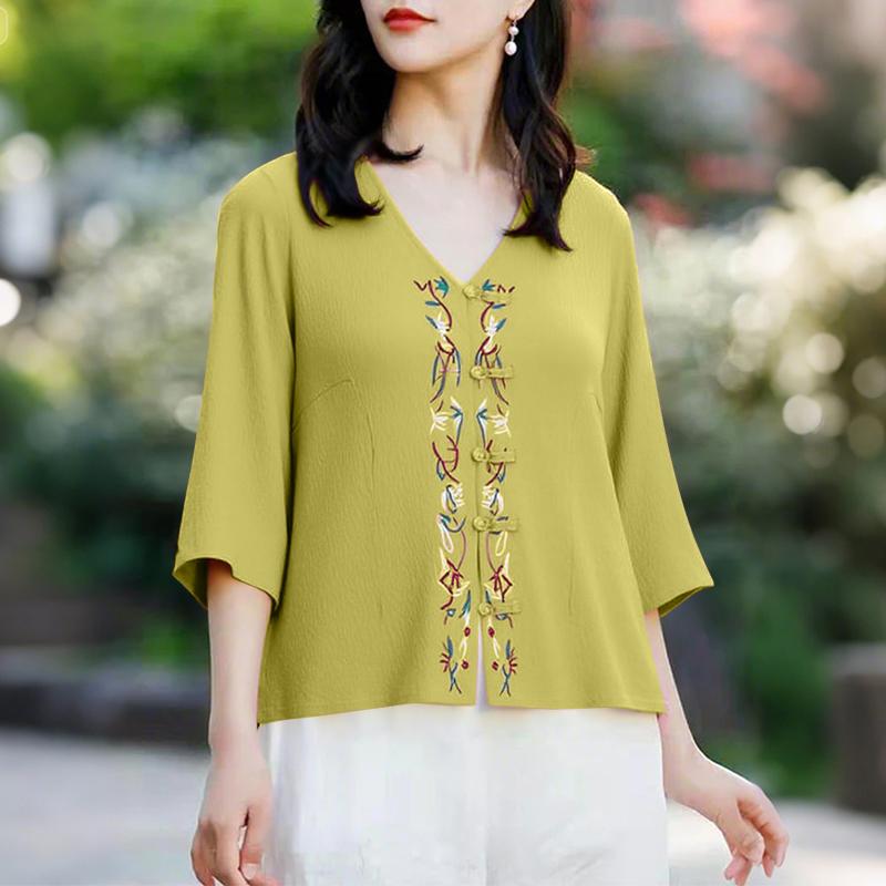 ZANZEA Women Summer V-Neck 3/4 Sleeve Casual Embroidery Blouse