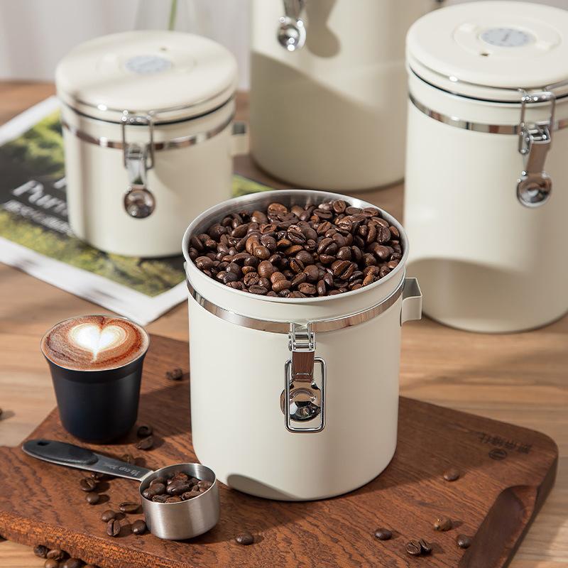 1.2 1.5 1.8L Coffee Bean Jar Airtight Canister Sealed Stainless Steel With Spoon One Way Valve Cannister Coffee Storage Kitchen