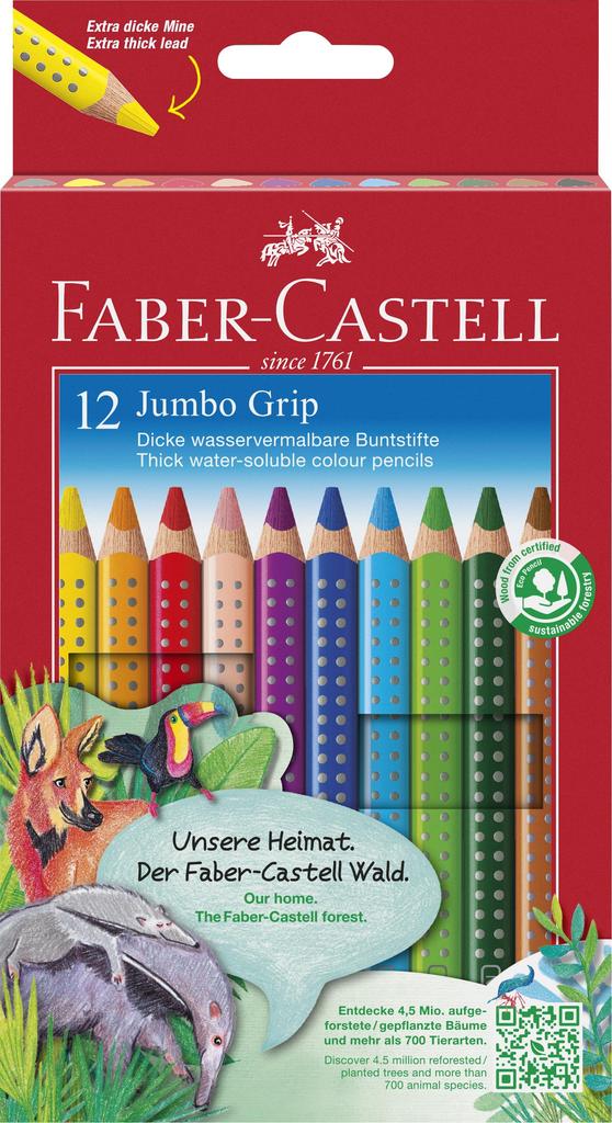 Jumbo Grip Watercolor 12 Colors with 110912 Faber-Castell Pencils, (Paper Box) Sharpener,