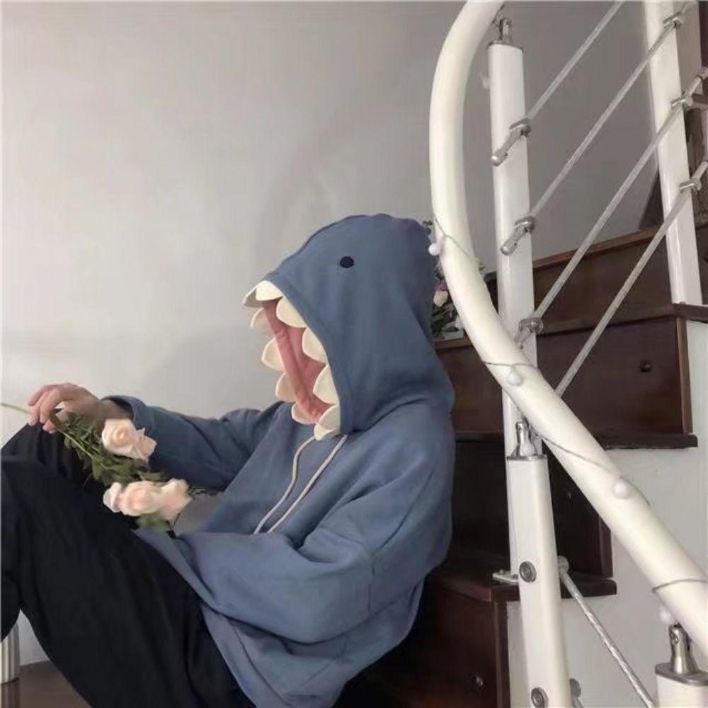 Drawstring Fleece Shark Hoodies Pullover Shark Hat Sweater Hooded Sweatshirts  Women Man