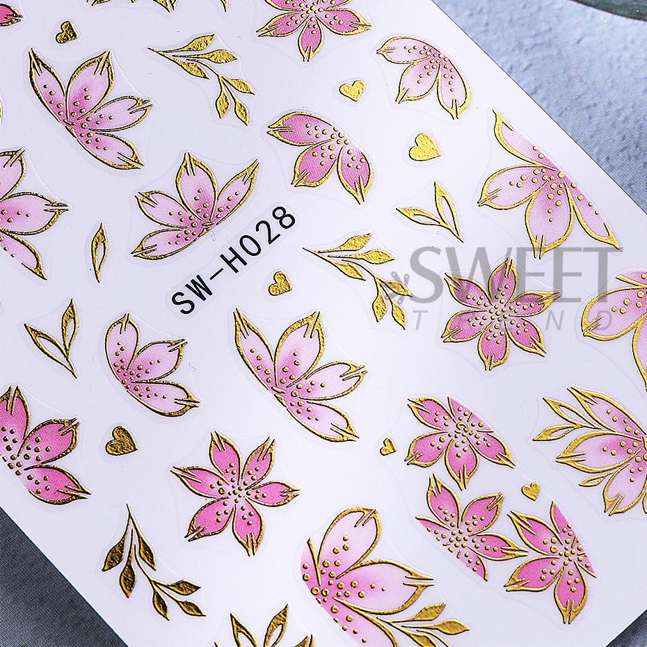 2/3 Stück Gold-Rosa Hibiskusblüten-Nagelsticker 3D Bronzefarbener Rand Blütenblätter Sakura Linien Slider Nagelaufkleber DIY Maniküre Dekor