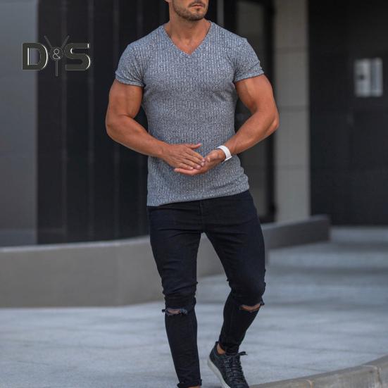 Tricou cu mânecă scurtă pentru bărbați, cu decolteu în V, pentru fitness, cu dungi sportive, de culoare uni, Tricou, îmbrăcăminte de gimnastică respirabilă, pentru sport, călătorii, birou