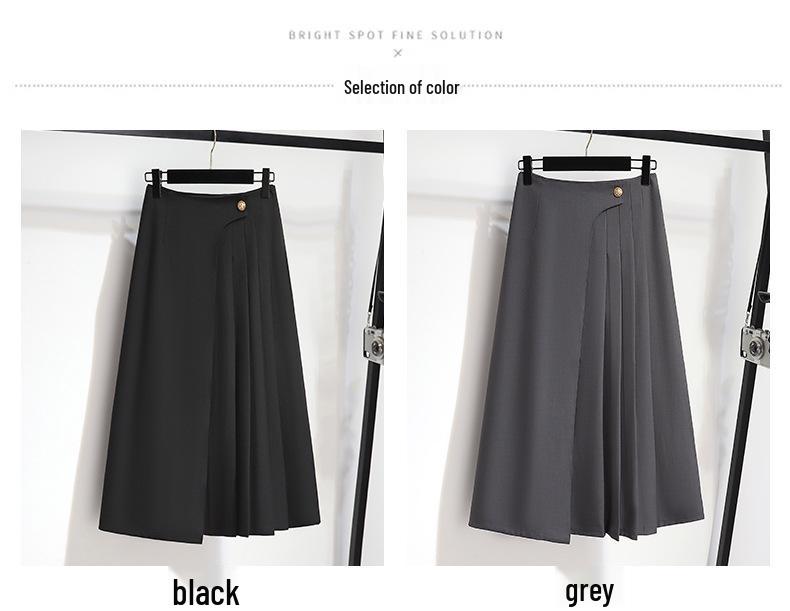 French Gray Irregular A-Line Pleated Midi Skirt - High Waist, Summer 2025