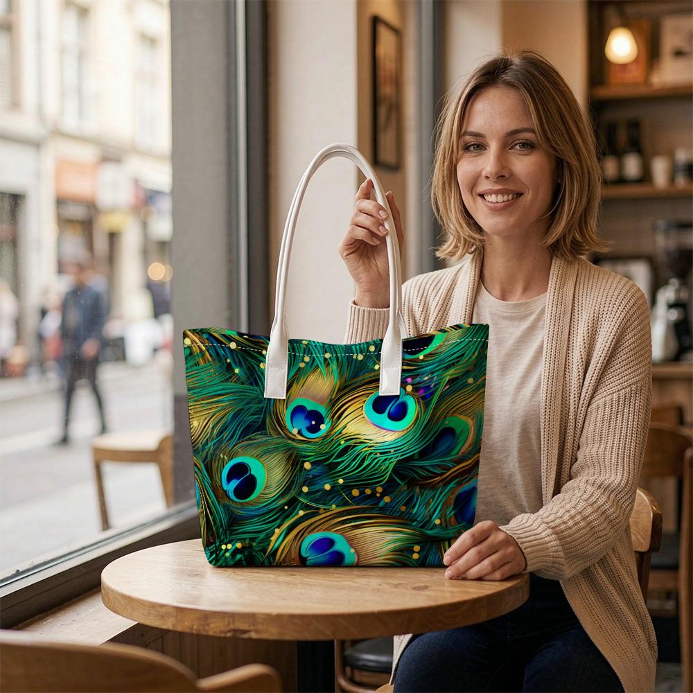 Elegant Peacock Feather Print Tote Bag Fashion Large Capacity Daily Carry Handbag for Women Casual Outdoor Shopper Bag