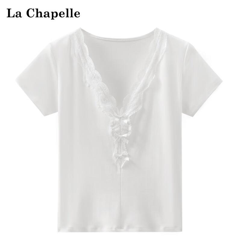 La Chapelle Bowknot Lace V-Neck Short Sleeve Top S