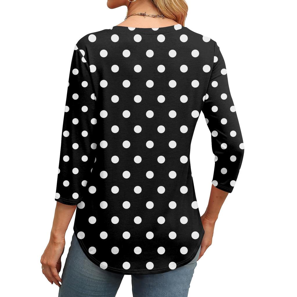 Omen's Modisches Rundhals 3/4-Ärmel Bedrucktes Lässiges Basic Plissiertes Pullover T-Shirt Top