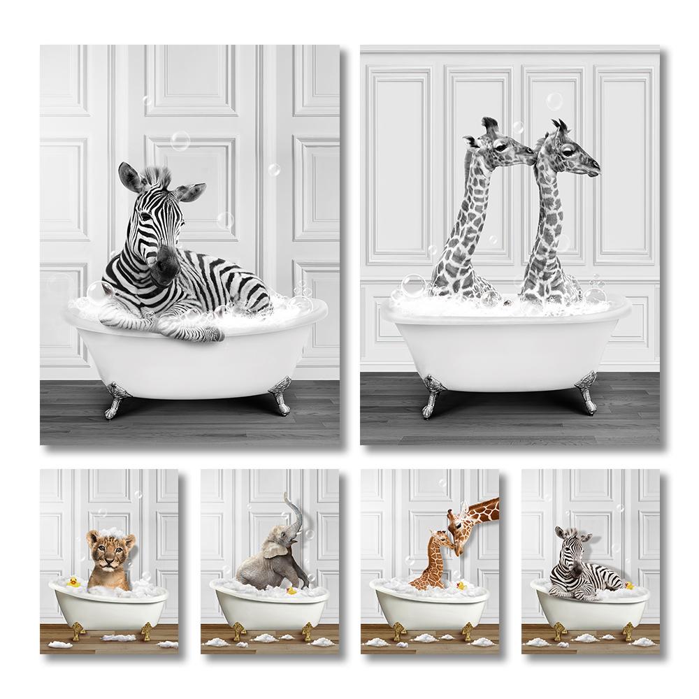 Animais Engraçados Arte de Parede Impressões de Pôster Girafa Banheira Pinguim Elefante Zebra Pintura em Tela Imagem para Quarto de Banho Quarto Decoração de Casa
