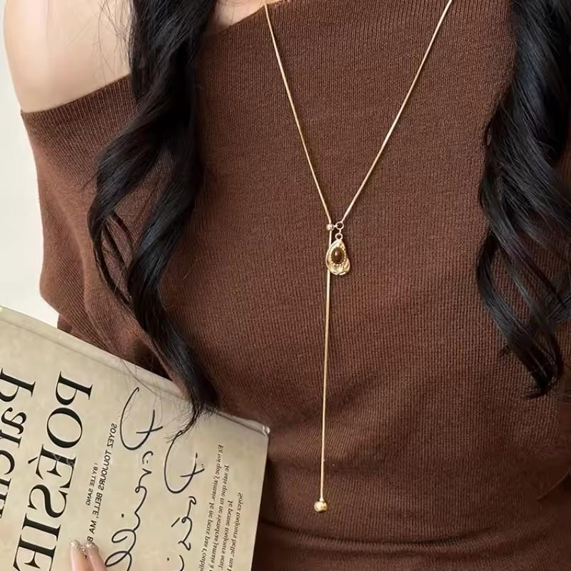 Fashion Brown Stone Sun Geometry Pendant Long Snake Chain Necklace Jewelry For Women New Vintage Charm Jewelry Gifts