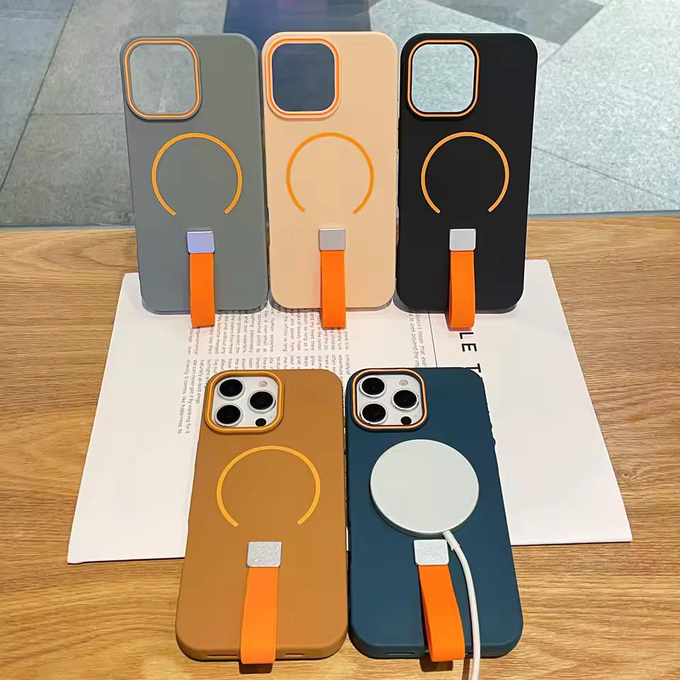 For Magsafe Wireless Charge Silicone Strap Grip Matte Magnetic Case For iPhone 16 15 Plus 14 13 12 11 Pro Max Soft Tpu Cover
