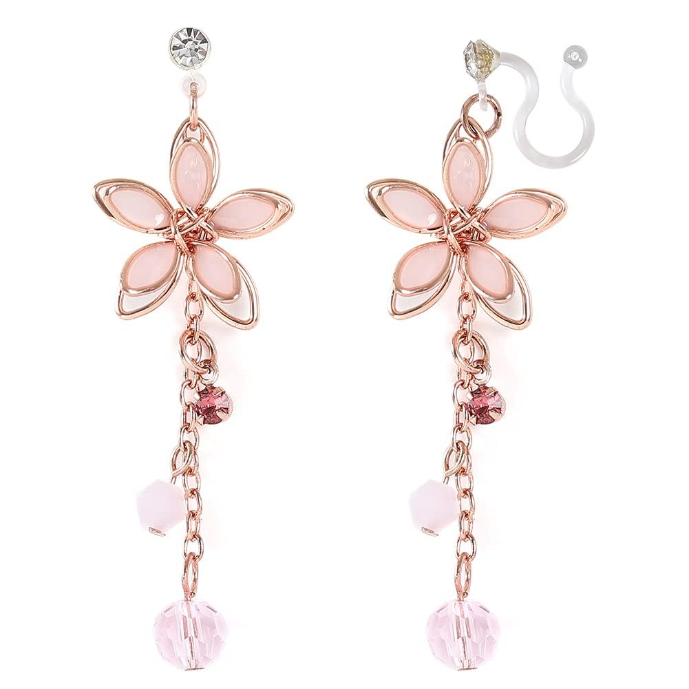 

Earrings for Fake Pierced Earrings [AXLUCE] Women, Flower, Dangling, Resin, Earrings, Earrings, Non-Pierced (Pink Gold)