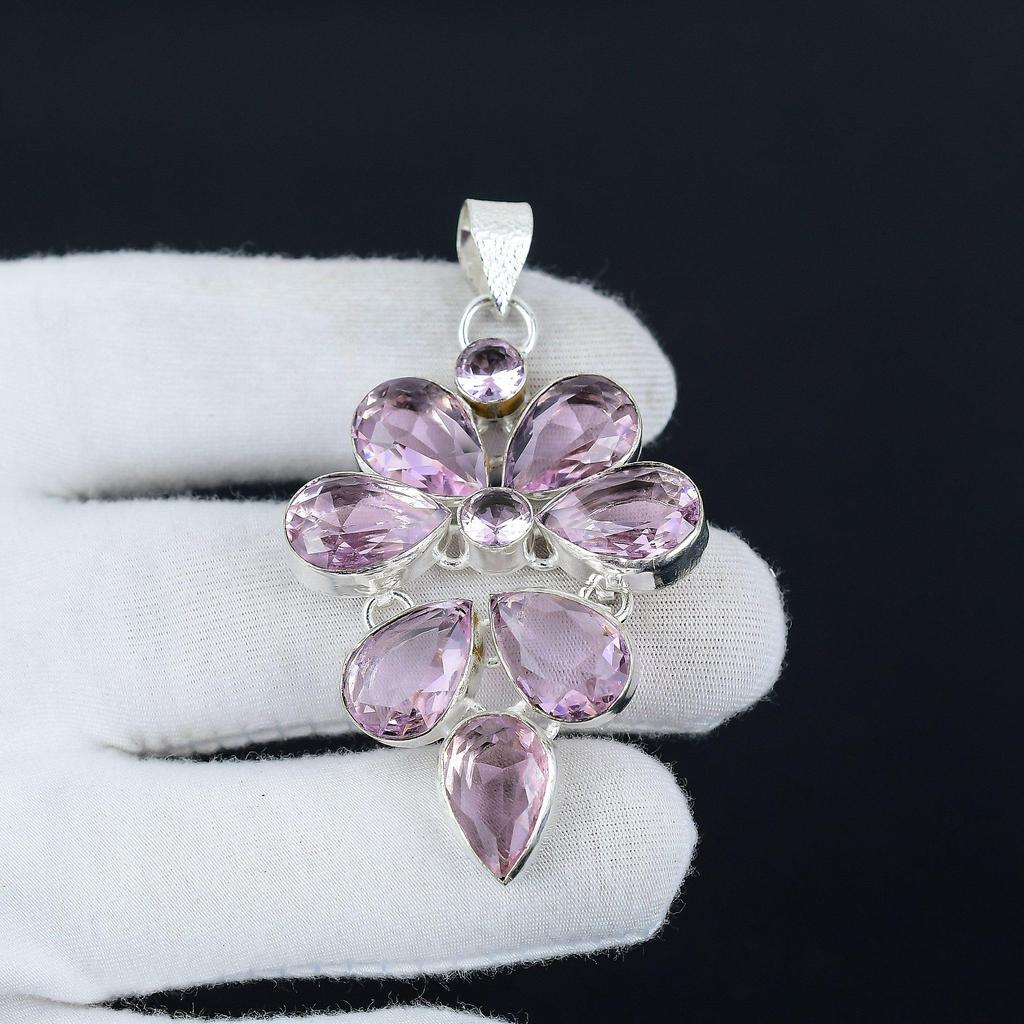 Pink Kunzite Gemstone Pendant In 925 Sterling Silver - Pink Kunzite Handmade Flower Design, Perfect for Gifts, Parties, and Everyday Elegance