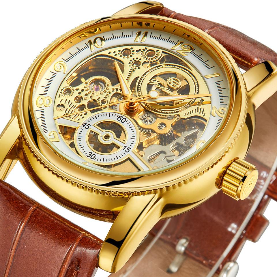 New Men Wrist Watches Luxury Golden Skeleton Mechanical Steampunk Male Clock Automatic Wristwatch Leather Strap Herren Horloges