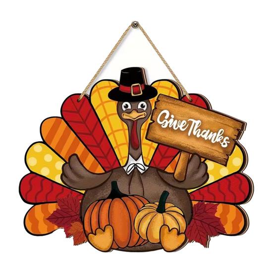 Thanksgiving Wooden Sign, Turkey and Pumpkin Welcome Wall Hanging Decor with  Give Thanks  , Rustic Farmhouse Fall Harvest Decoration for Front Door A