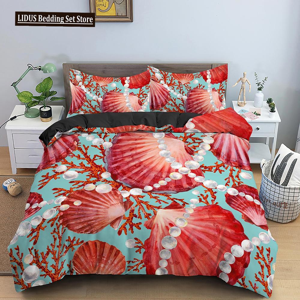Комплект пододеяльника Ракушка Морская звезда Краб Морские животные Каваи Полиэстер Чехол для одеяла Для детей Мальчиков Девочек Постельное белье Комплект Кинг Полный размер