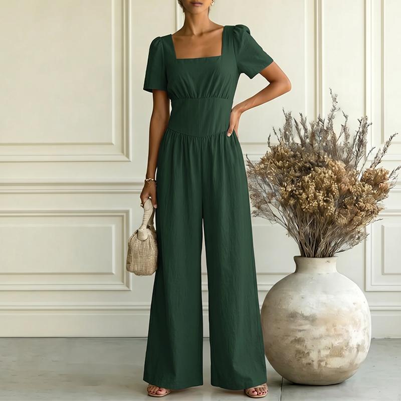ZANZEA Women Elegant Square Collar Casual Short Sleeve Wide Leg Jumpsuits