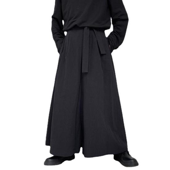 

Men Pants Oversized Solid Color Elastic Waist Wide Leg Punk Warm Lace Up Japanese Style Men Trousers for Cosplay XL чёрный