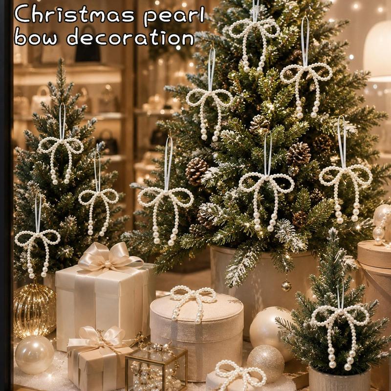 1/20x Pearl Beaded Bow Christmas Tree Hanging Ornament White Bow Pendant Xmas Decor New Year Indoor Party Decorative Accessories