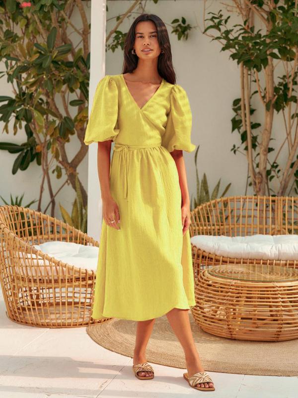 Pure cotton lace-up five-quarter-sleeved long dress, European and American spring and summer new bubble-sleeved dress, long dress for women