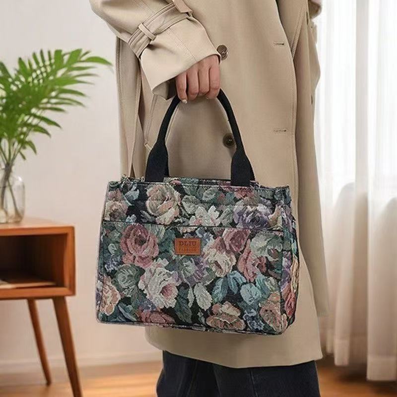 Sac à déjeuner portable style peinture à l'huile florale grande capacité sac à main littéraire sac pour sortir sac de maman