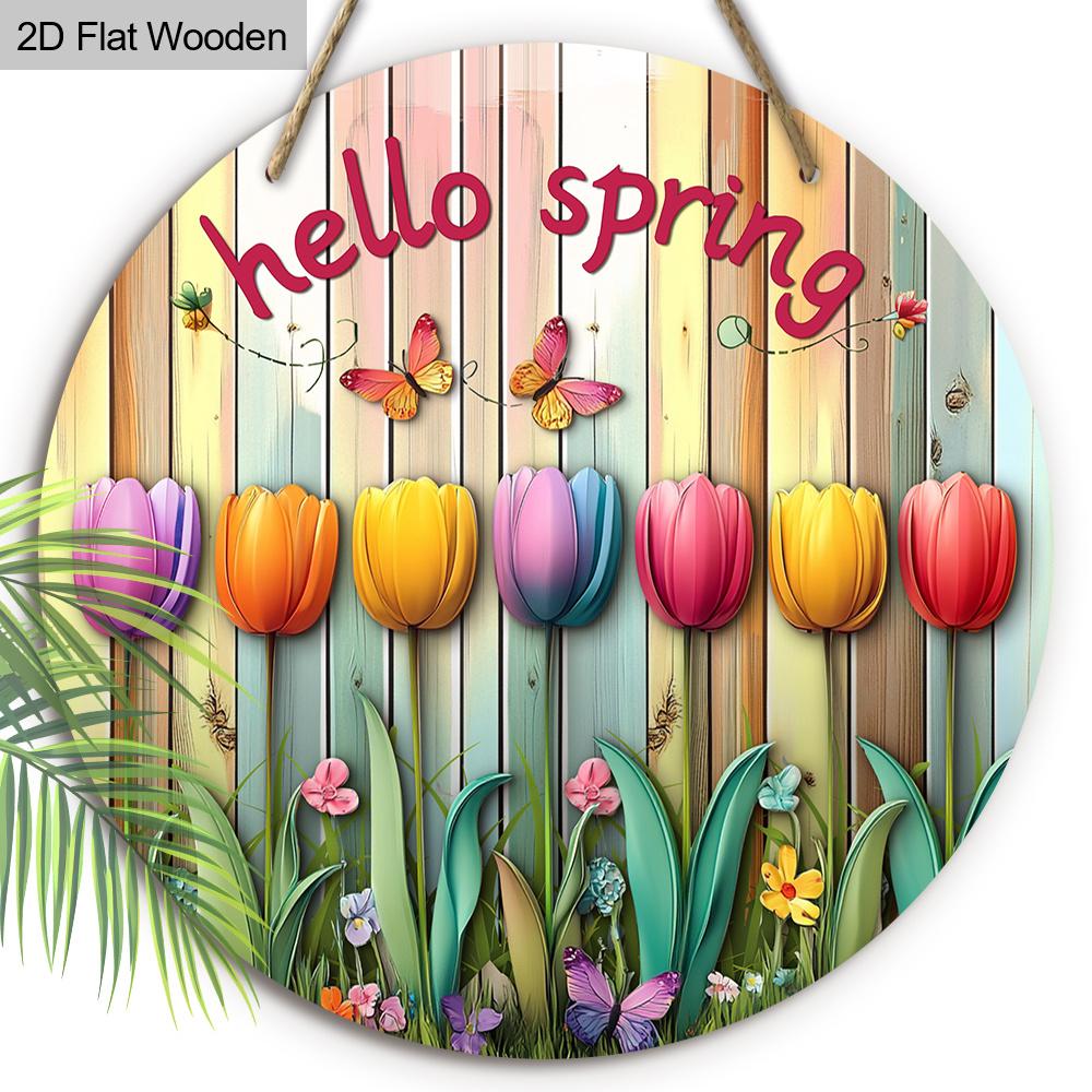 2D Flat, 1pc Hello Spring Colorful Tulip Wooden Hanging Sign Spring Party Ornament Perfect for Home Wall and Entry Door Decoration Garden Decoration