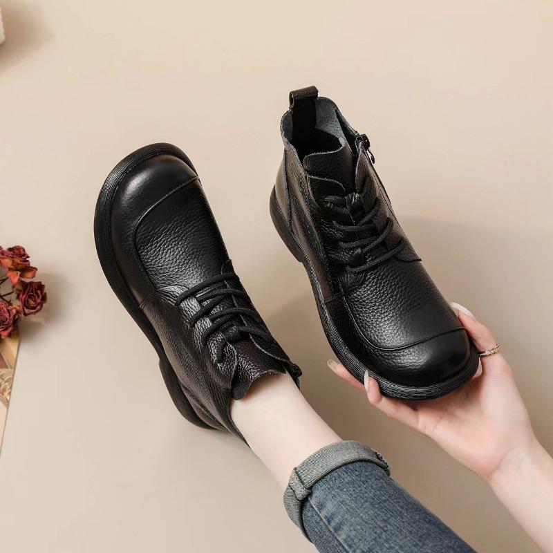 100% Genuine Leather Shoes Women Ankle Boots Spring Autumn Retro Soft Cow Leather Brand Ladies Single Boots Mother Shoes Plus Size 41