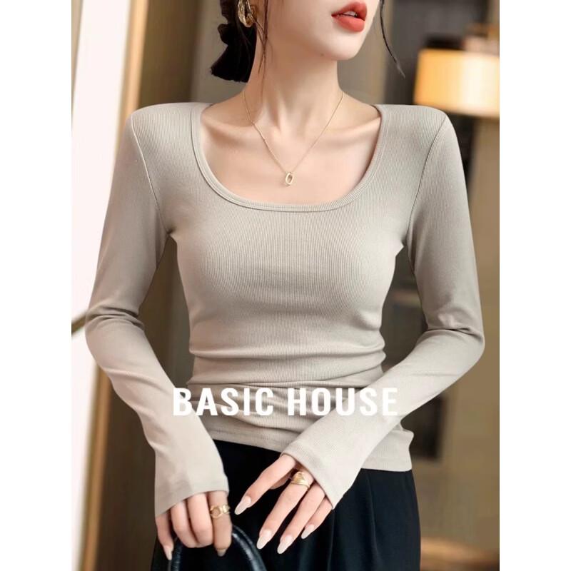 Basic House Women s Square Neck Ribbed Long Sleeve T-Shirt S
