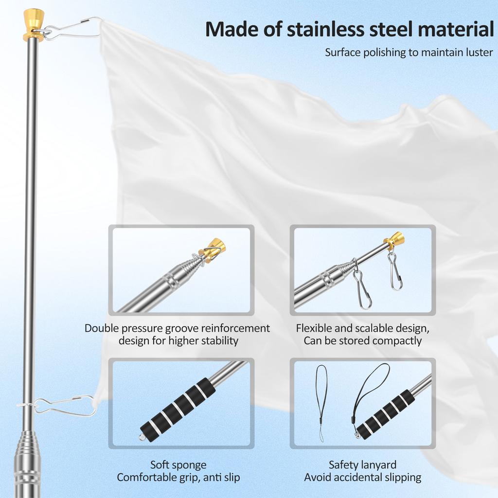 2Pcs Portable Telescopic Flag Pole 2/2.5/3M Stainless Steel Handheld Flag Pole with Spring Carabiner & Clip Tour Guide Flag Pole