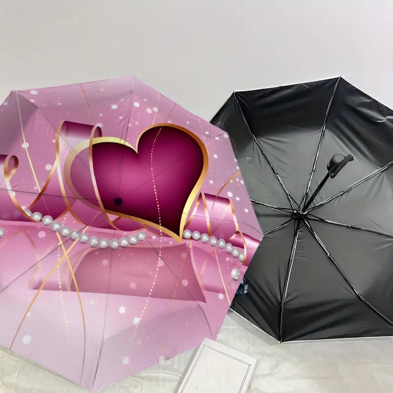 1pc Heart Pearls Automatic Folding Umbrella, Heavy Duty 8 Rib Iron Frame,  Suitable for Travel, Daily Use, Birthday, Decor Gift m0104053