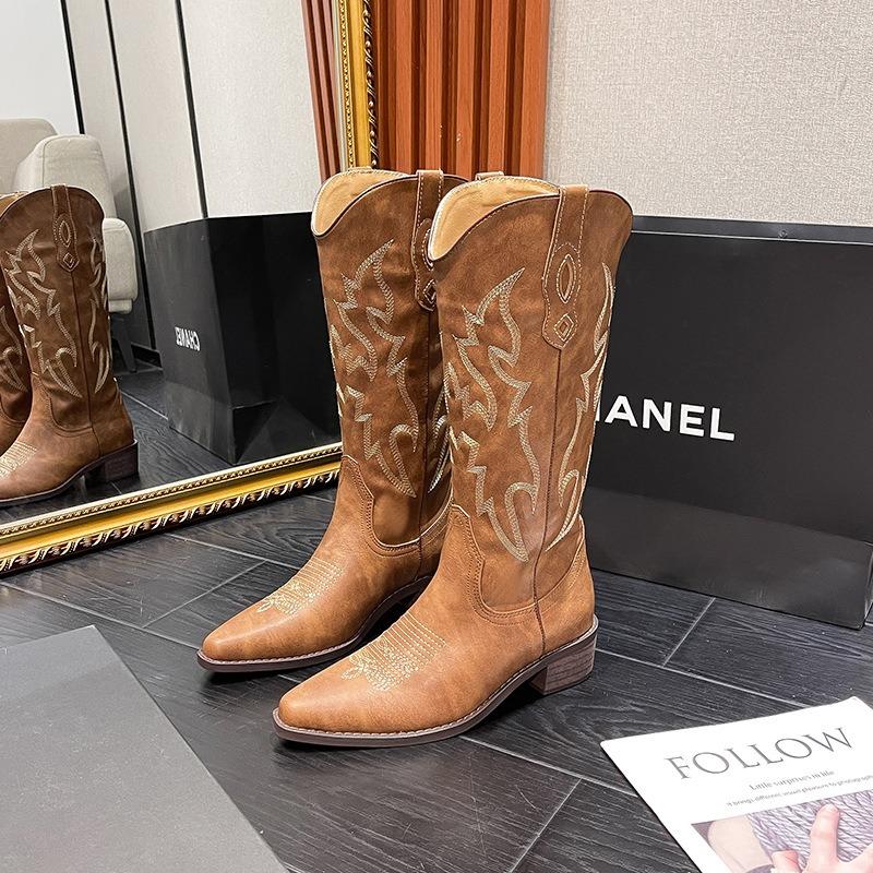 Retro Embroidered Thread Leather Western Cowboy Boots Women's Autumn New Pointed Thick Heel Sleeve Versatile Knight Boots