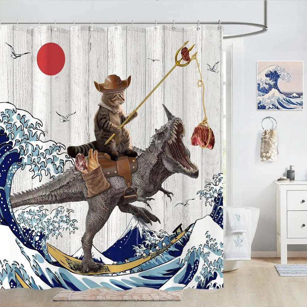 Funny Cat Dinosaur Printed Shower Curtain Ocean Wave Artwork For Bathroom Decor