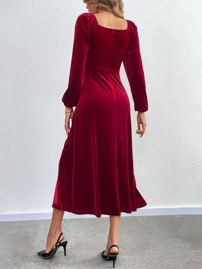 2024 European & American Women's Sexy Slit Velvet Dress with Square Neck & Puff Long Sleeves