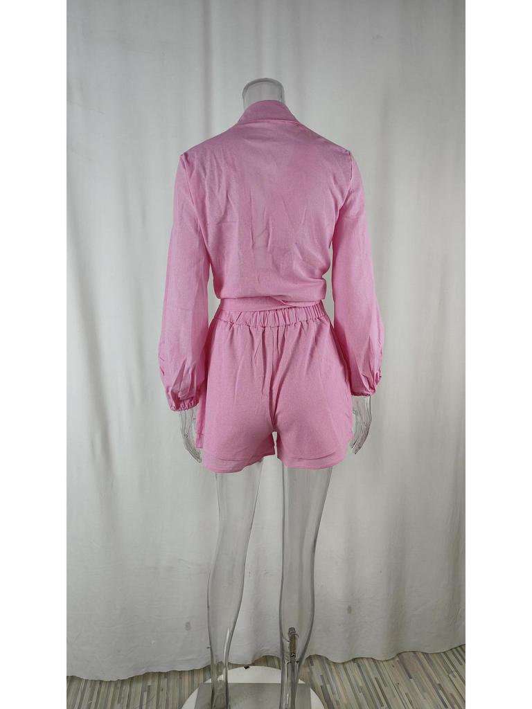 2026 Spring Women's Lace-up Solid Color Casual Top and Shorts Set
