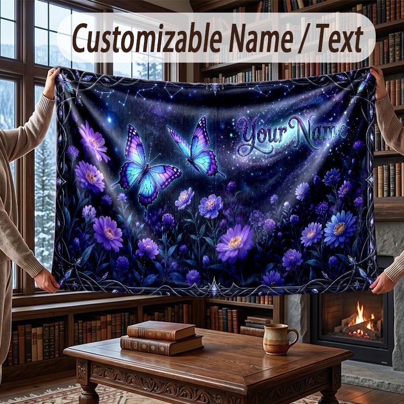 Butterfly Theme Throw Blanket Custom Name Text Personalized Blanket Soft Cozy Blanket for Home Sofa Bed