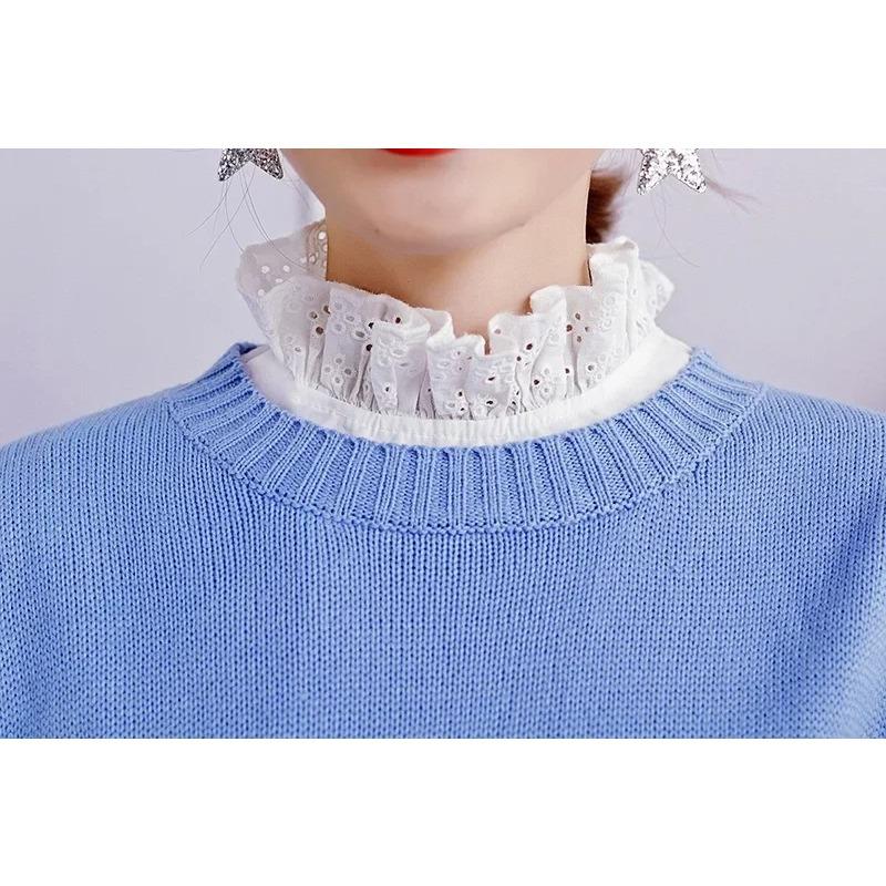 Women Stand Ruffled Fake Collar Lace Hollow Shirt Accessories Adjustable Necktie Dickey Detachable False Collar White Pullover