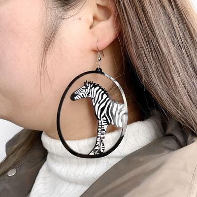 Trendy Black Big Round Animal Asymmetric Drop Earrings for Women Cute Creative Cat Zebra Dog Pendant Earring Chic Jewelry Gift
