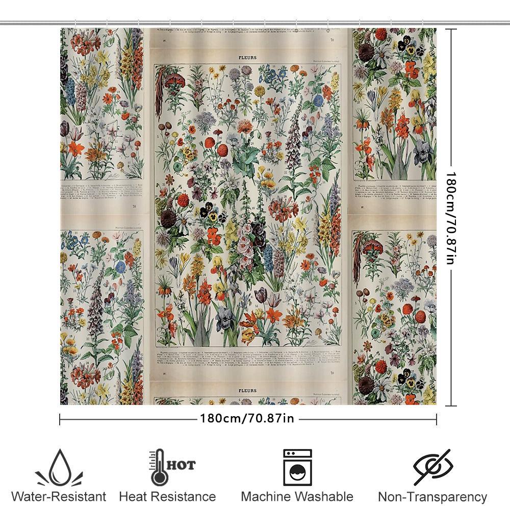 Vintage Blumen-Duschvorhang Botanisches Blumenmuster Badezimmer-Dekor Rustikales Bauernhaus Natur-Hintergrund Waschbare Vorhänge