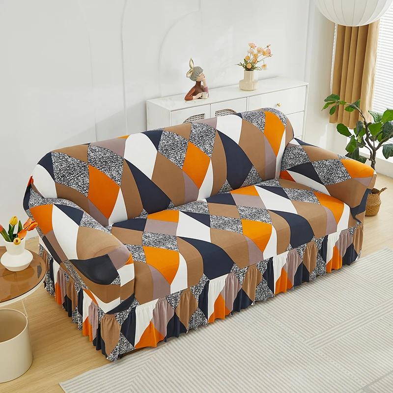 1pc Elastic Printed Sofa Slipcover with Skirt Sofa Cover Couch Cover Furniture Protector Bedroom Office Living Room Home Decor