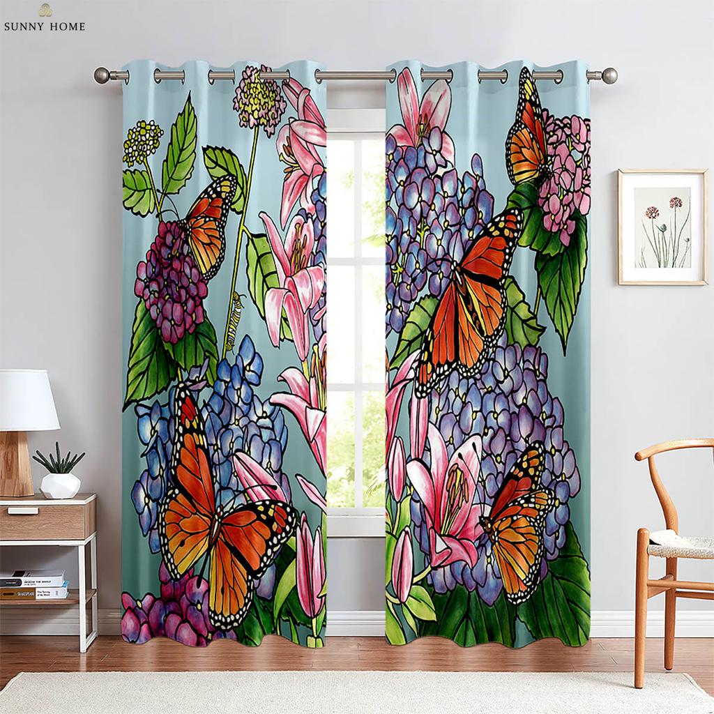 Window Curtains Floral Butterfly Print Curtains Pastoral Style Bedroom Living Room Kitchen Decorative Curtains 2 Pieces