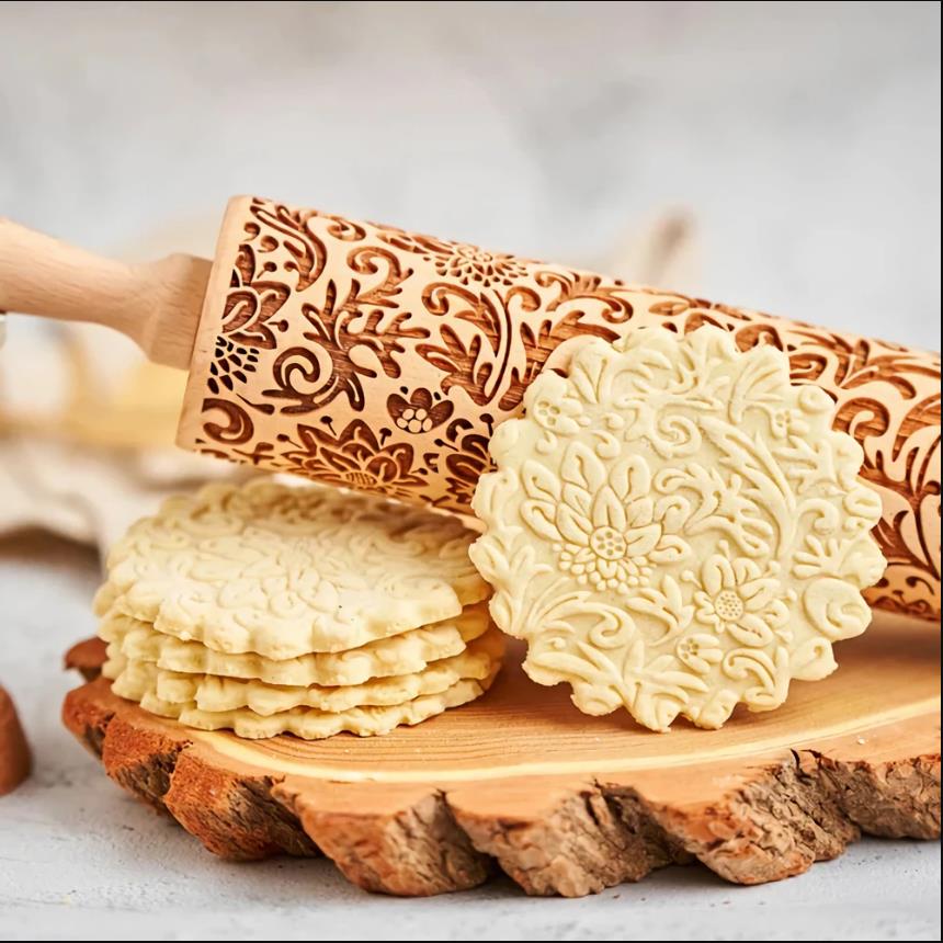 Christmas Rolling Pin With Bird Flower Print Patterns Wooden Embossed 3D Cookie Mold Laser Engraved DIY Baking Tool Dough Roller