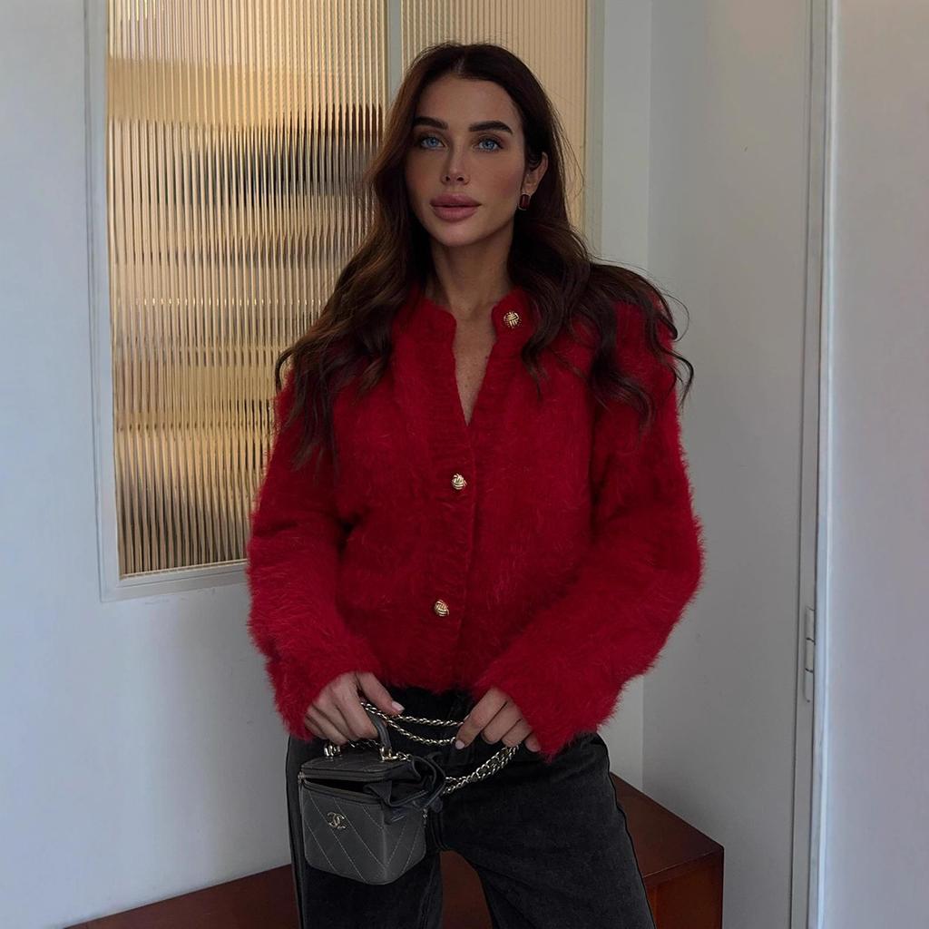 Women's Crew Neck Cardigans Button Up Long Sleeve Chunky Knit Casual Winter Fall Sweater Coats Fuzzy Cardigan Sweater Slouchy Knit Sweaters for Women