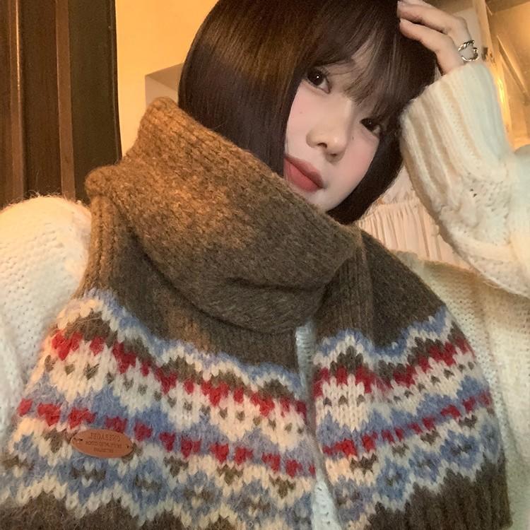 Fair Island Coffee Knitted Scarf Women's Year Winter Korean Atmosphere Warm Versatile Student Neck Scarf