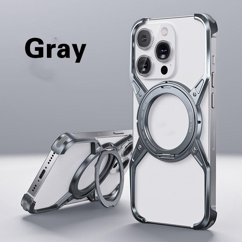 For iPhone 16 15 14 Pro Max Phone Case 360 Rotating Bracket Magnetic Rimless Metal Aluminum Alloy Shockproof Protection Cover