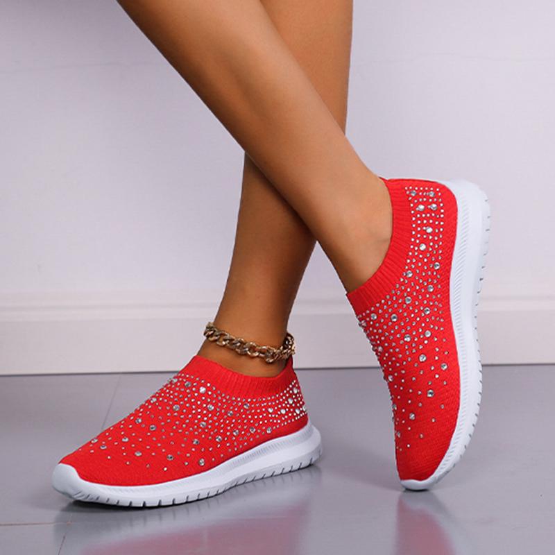 Women's Slip-On Crystal Sneakers Breathable Mesh Plus Size Casual Flats Women Comfort Soft Sole Running Walking Shoes
