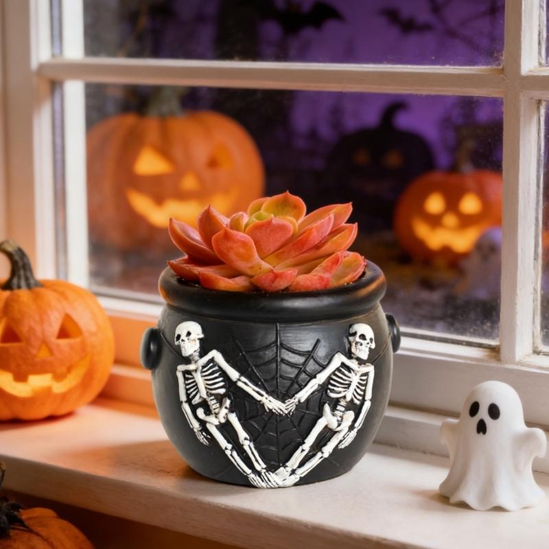 Gothic Succulents Planter, Halloween Skull Cauldron Pot In Resins for Table Decors, Small Flower Container for Shelf and Window Display
