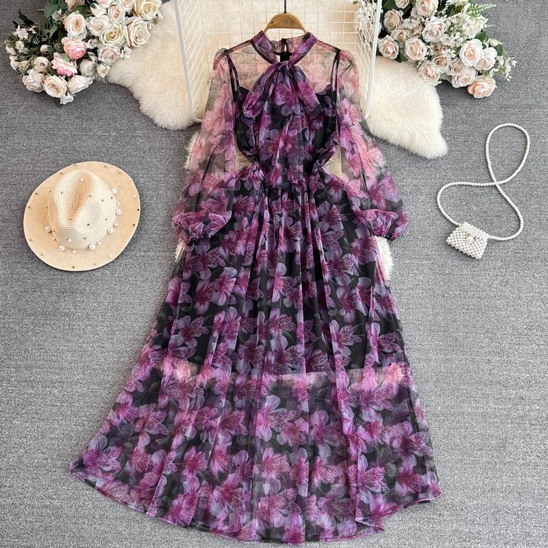 

Long Sleeves Chiffon Dress Elegance Bows Shoelace Purple 2XL