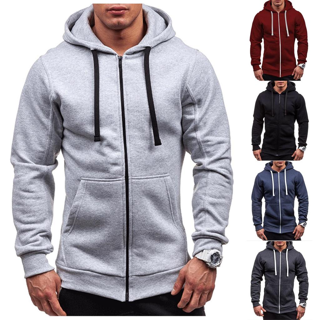 Men‘s Color Zipper Pullover Long Sleeve Hooded Sweatshirt Tops Blouse
