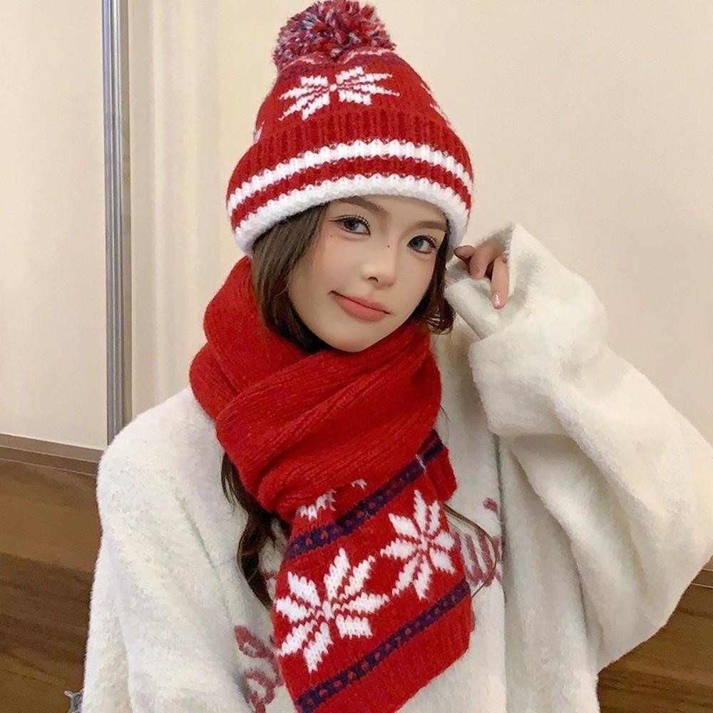 Cozy Retro Knitted Hat Soft Snow Flake Jacquard Pompoms Beanie Warm Winter Hat Scarf for Women