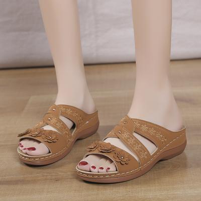 Sandales orthopédiques à talons compensés pour femmes, chaussures rétro à bout ouvert, Vintage, antidérapantes, en cuir, décontractées, plateforme, été, 2024